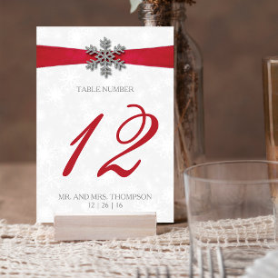 Diamante Snowflake & Red Ribbon Winter Wedding Table Number