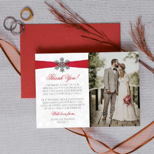 Diamante Snowflake & Red Ribbon Winter Wedding Thank You Card