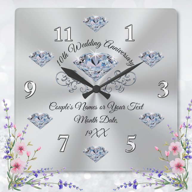 Diamond 10 year Wedding Anniversary Gift Ideas Square Wall Clock (10 year wedding anniversary gift for wife. 10th wedding anniversary gift for daughter and son in law)