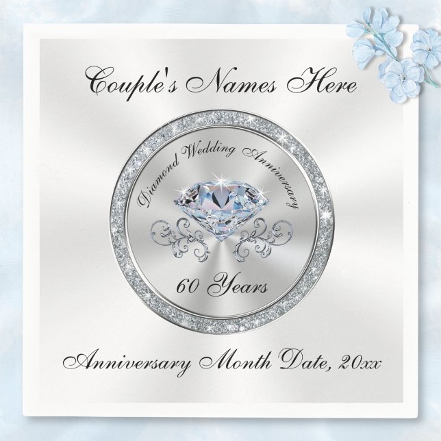 Diamond, 60th Anniversary Napkins Personalised (60th Anniversary Napkins. Personalised Diamond Anniversary Party Supplies. 60th wedding anniversary.)