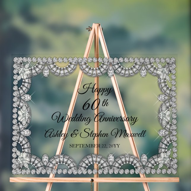 Diamond 60th Wedding Anniversary Party  Acrylic Sign (Neutral)
