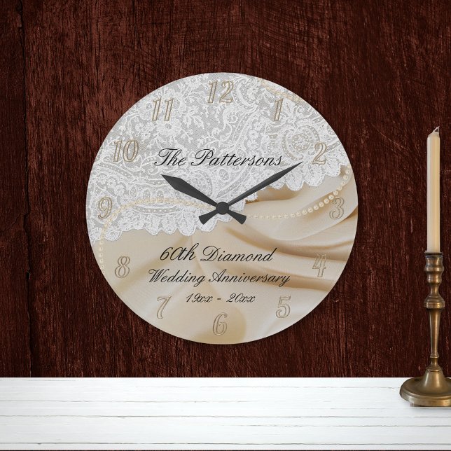 Diamond 60th Wedding Anniversary Satin Lace Large  Large Clock (Creator Uploaded)
