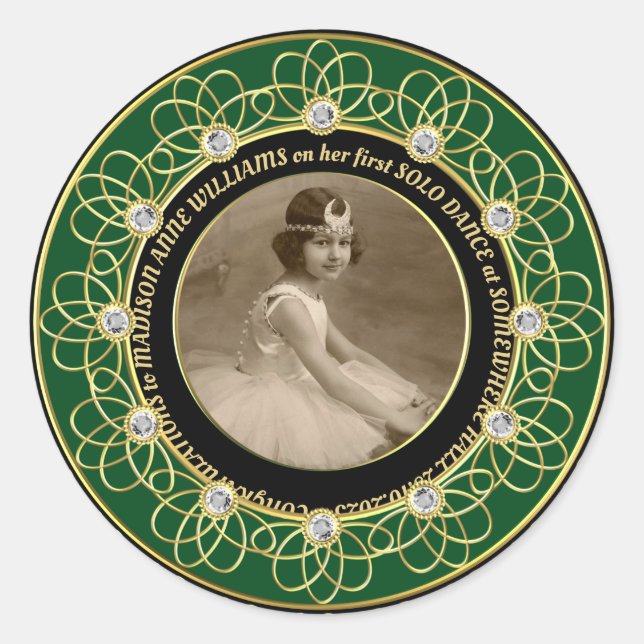 Diamond Add Your Photo Commemorative Gold Green Classic Round Sticker (Front)