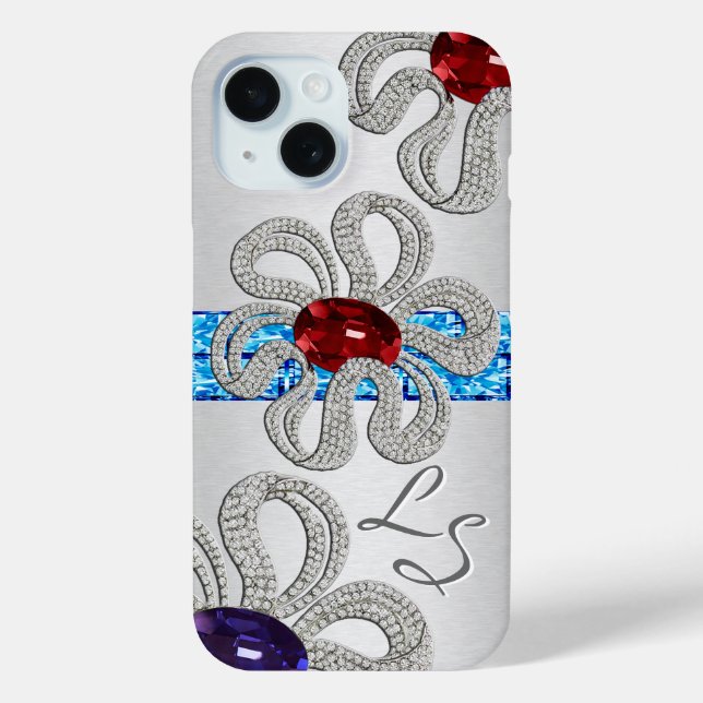 Diamond and Gem Encrusted Flowers - Monogrammed Case-Mate iPhone Case (Back)