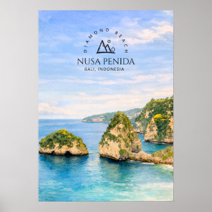 Diamond Beach Bali Watercolor Turquoise Sea Poster