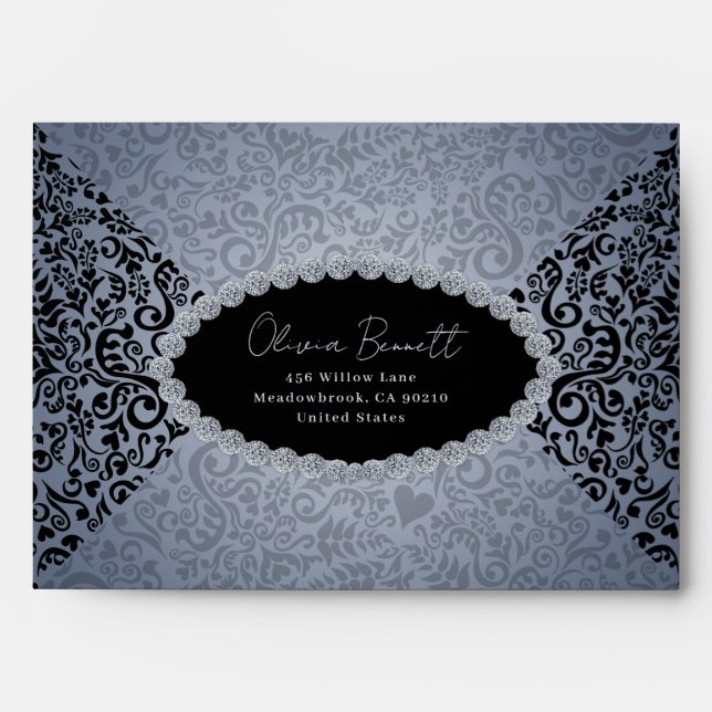 Diamond Black Elegant Dark Damask Pattern Envelope (Front)