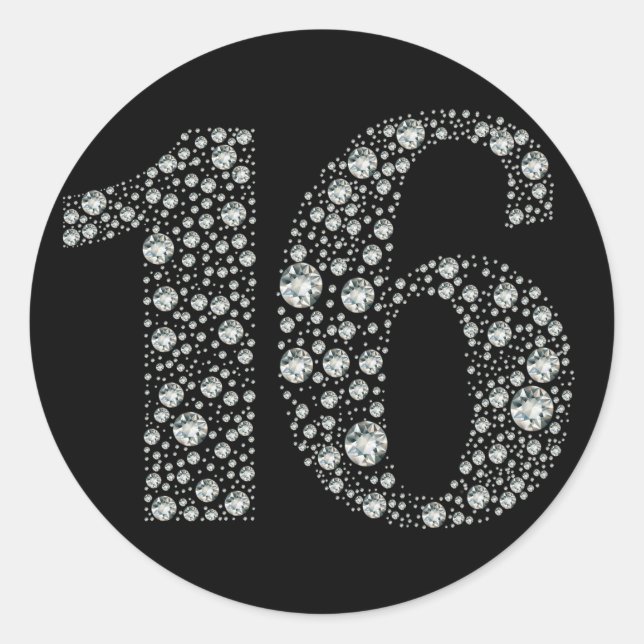 Diamond Bling 16 Sixteen Birthday Party Favour Classic Round Sticker (Front)