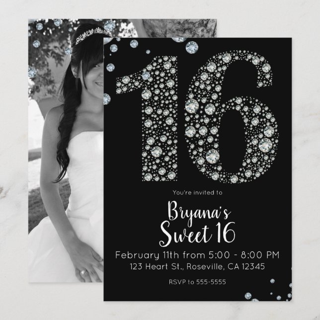 Diamond Bling 16 Sixteen Birthday Party Photo Invitation (Front/Back)