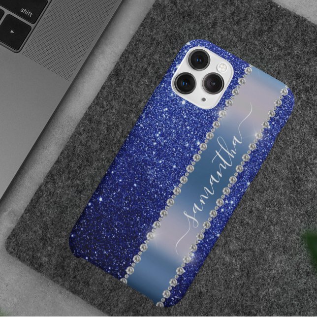 Diamond Bling Glitter Calligraphy Name Navy Blue Case-Mate iPhone Case (Creator Uploaded)