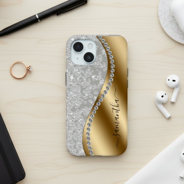Diamond Bling Gold Metal Personalised Script  Case-Mate iPhone Case (Creator Uploaded)