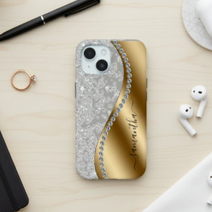 Diamond Bling Gold Metal Personalised Script iPhone 15 Case