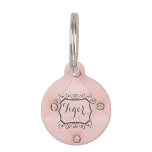 Diamond Bling Pink Tufted Leather Pet Name Tag