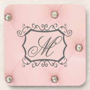 Diamond Bling Pink Tufted Monogram Drink Coaster