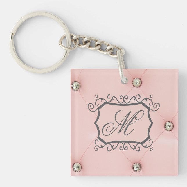 Diamond Bling Pink Tufted Monogram Key Chain (Front)