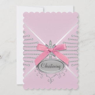Diamond Bow Pink Christening Invitation