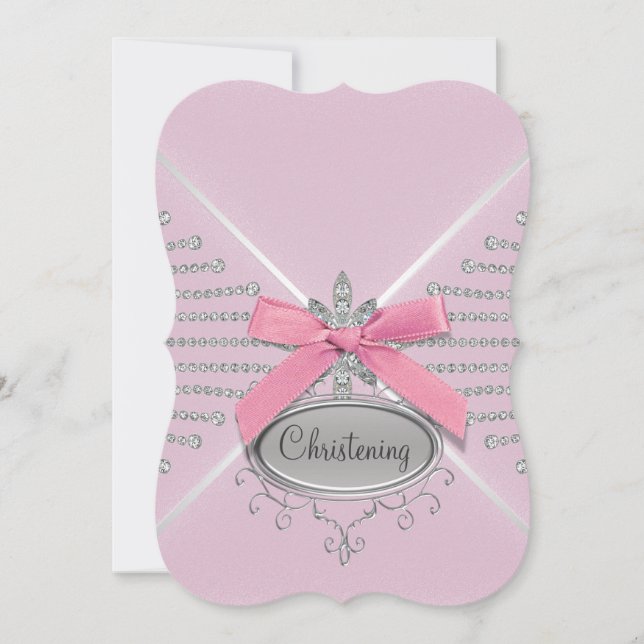 Diamond Bow Pink Christening Invitation (Front)