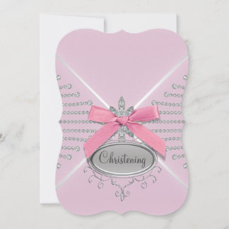 Diamond Bow Pink Christening Invitation