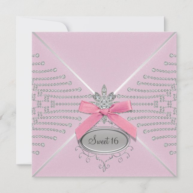 Diamond Bow Pink Sweet Sixteen Birthday Party Invitation (Front)