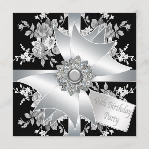 Diamond Bow White Rose Womans 60th Birthday Party Invitation