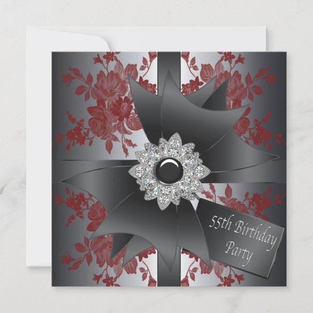 Diamond Bow Womans Red Rose 55th Birthday Party Invitation (Front)
