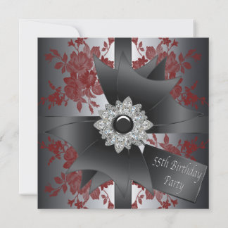 Diamond Bow Womans Red Rose 55th Birthday Party Invitation