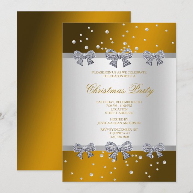 Diamond Bows & Pearls Gold Christmas Invitation (Front/Back)