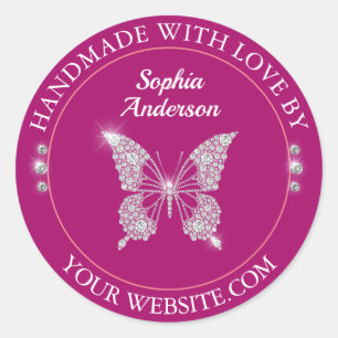 Diamond Butterfly, Handmade With Love Deep Fuchsia Classic Round Sticker