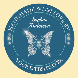 Diamond Butterfly, Handmade With Love Ocean Blue Classic Round Sticker