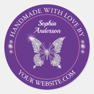 Diamond Butterfly, Handmade With Love Royal Purple Classic Round Sticker
