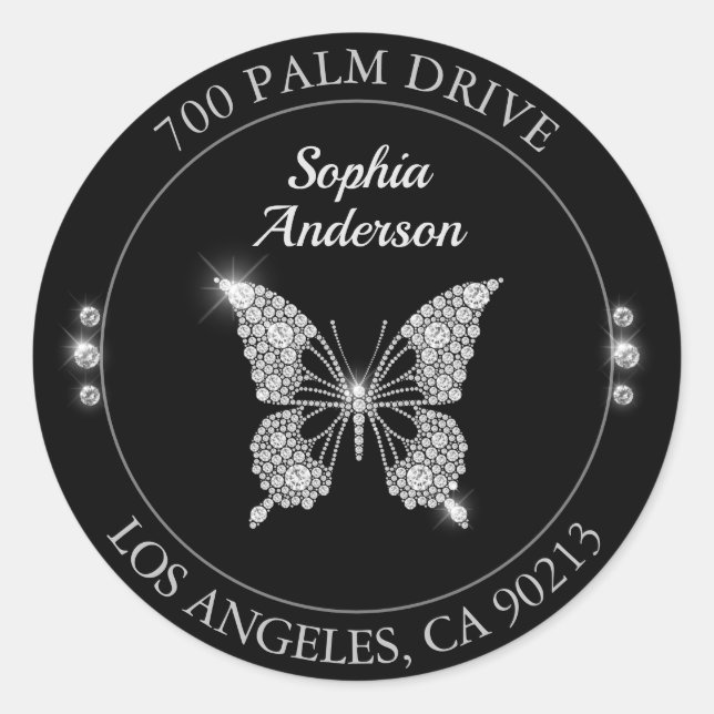 Diamond Butterfly, Return Address Black Circle Classic Round Sticker (Front)