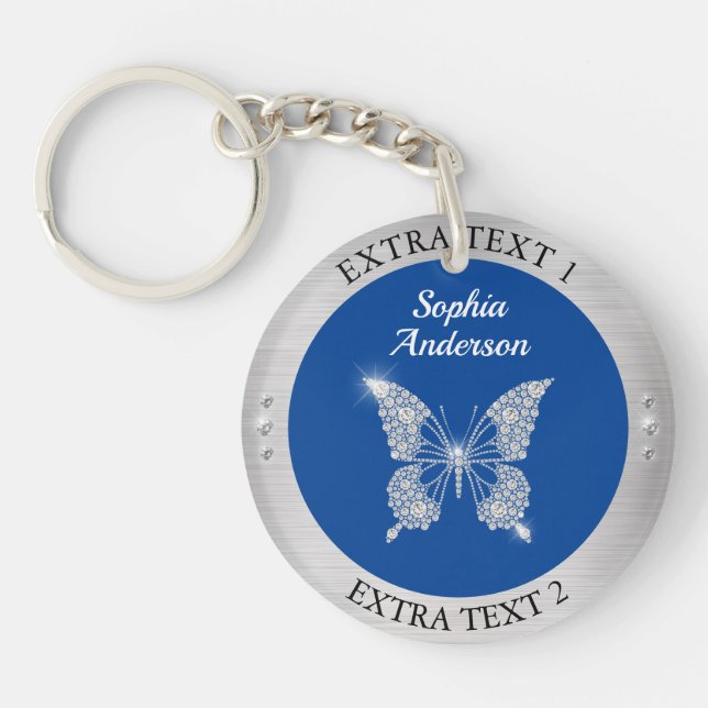 Diamond Butterfly Silver Metal Name/Info Deep Blue Key Ring (Front)