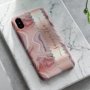 Diamond Calligraphy Name Rose Gold Agate iPhone 14 Case