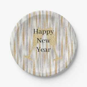 Diamond Champagne Glass Happy New Year Silver Gold Paper Plate