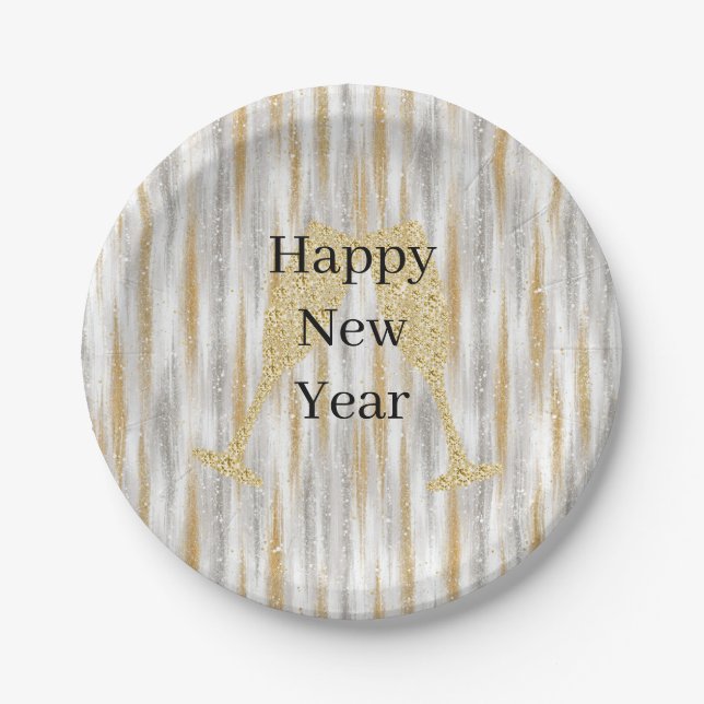 Diamond Champagne Glass Happy New Year Silver Gold Paper Plate (Front)