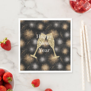 Diamond Champagne Happy New Year Black Fireworks Napkin
