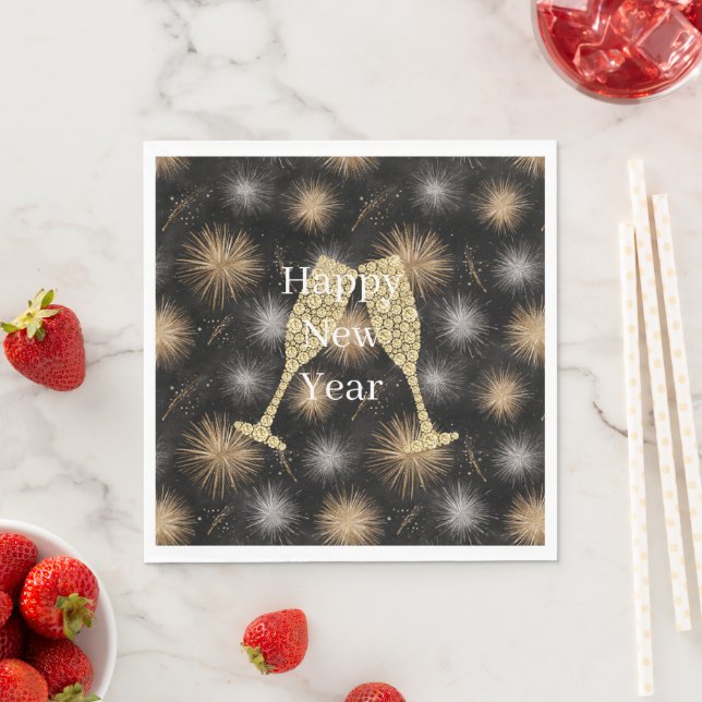 Diamond Champagne Happy New Year Black Fireworks Napkin (Insitu)
