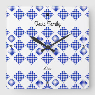 Diamond Check Blue White Square Wall Clock