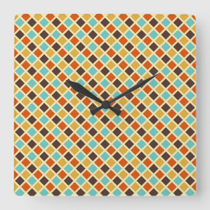 Diamond Chequered Blue Yellow Red Retro Colours Square Wall Clock