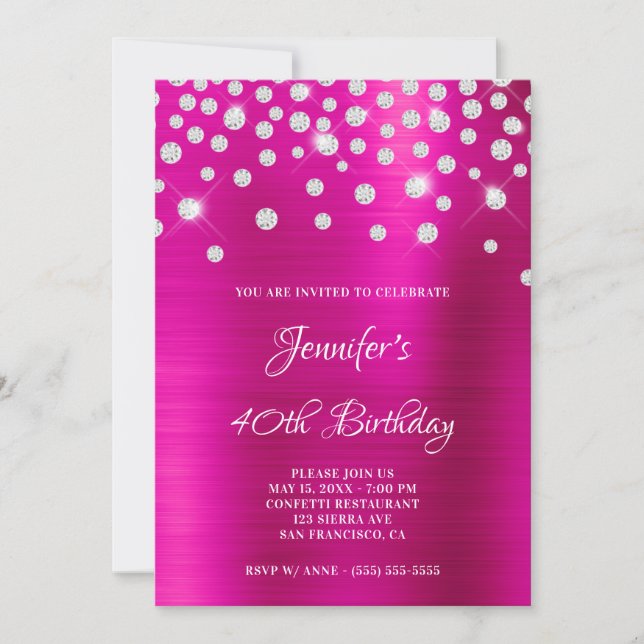 Diamond Confetti Bright Hot Pink Satin Foil Ombre Invitation (Front)