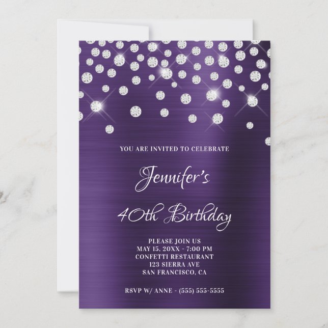 Diamond Confetti Dark Violet Satin Foil Ombre Invitation (Front)