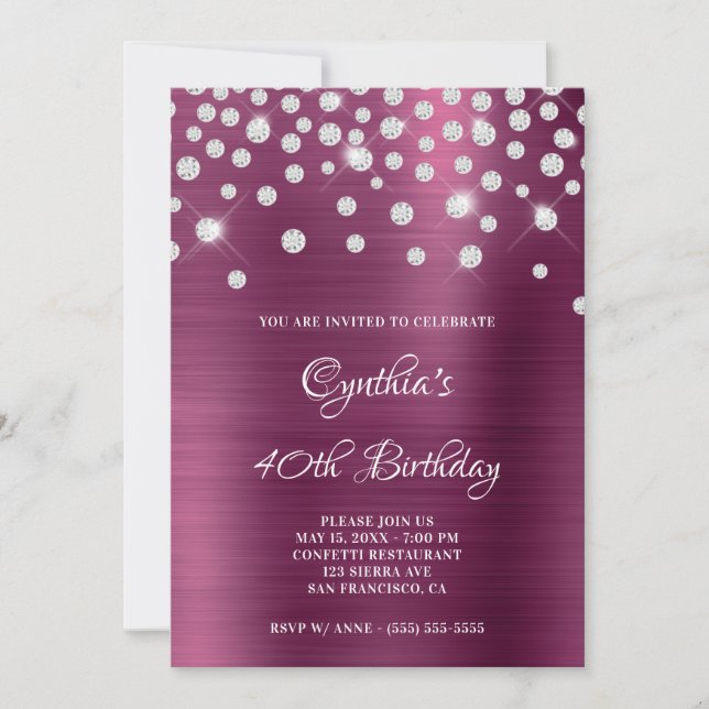 Diamond Confetti Wine Satin Foil Ombre Invitation (Front)