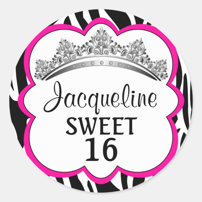 Diamond Crown Zebra Pink Classic Round Sticker (Front)