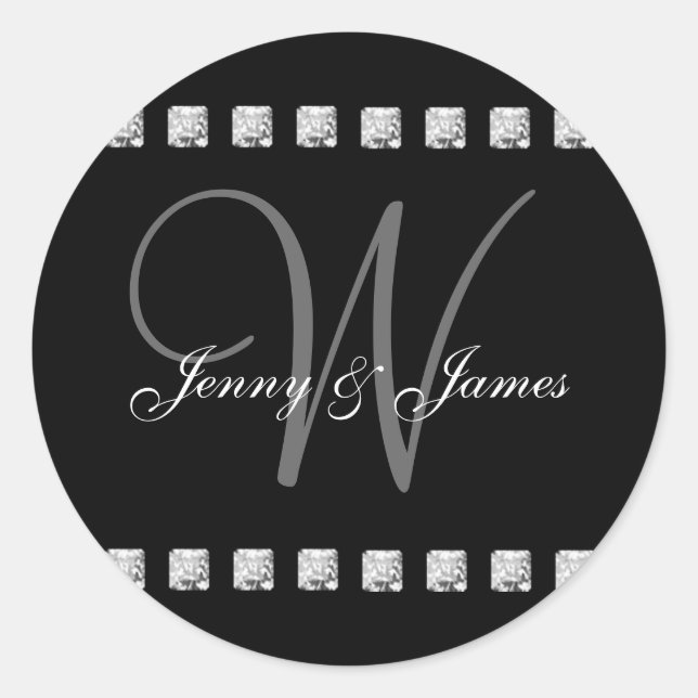 Diamond Crystal Monogram W Wedding Stickers Black (Front)