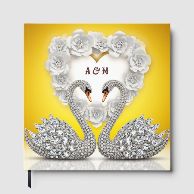 Diamond Crystal Swans Romantic Warm Scene Guest Book (Front)