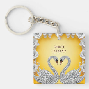 Diamond Crystal Swans Romantic Warm Scene Key Ring