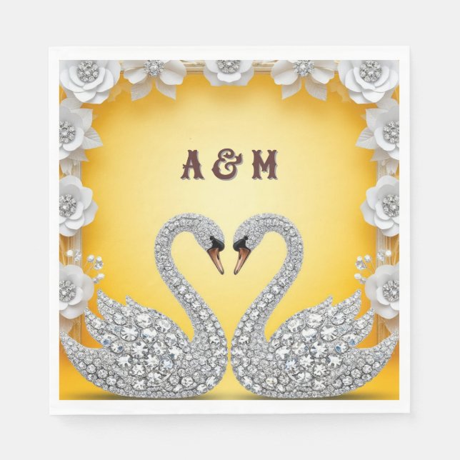 Diamond Crystal Swans Romantic Warm Scene Napkin (Front)