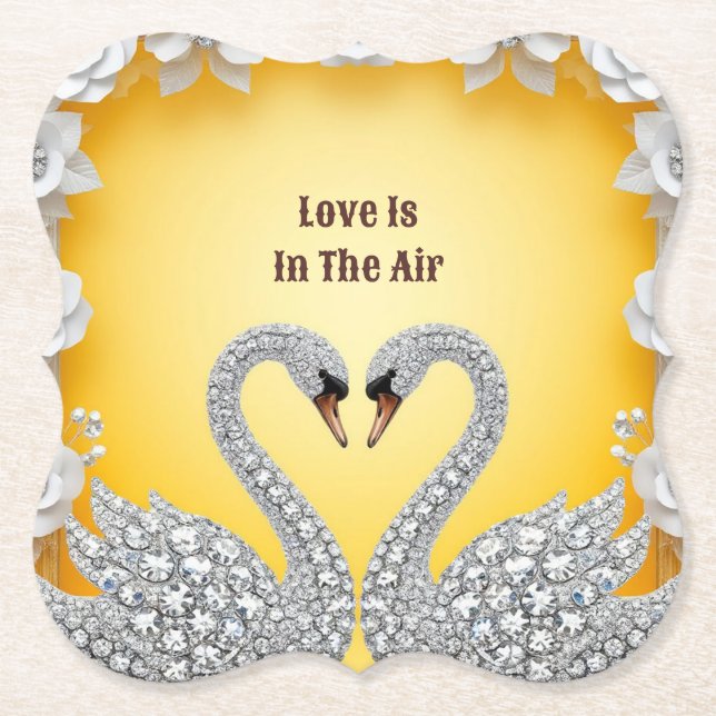 Diamond Crystal Swans Romantic Warm Scene Paper Coaster (Front)