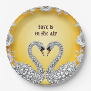 Diamond Crystal Swans Romantic Warm Scene Paper Plate