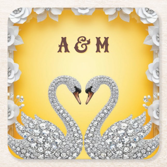 Diamond Crystal Swans Romantic Warm Scene Square Paper Coaster (Front)