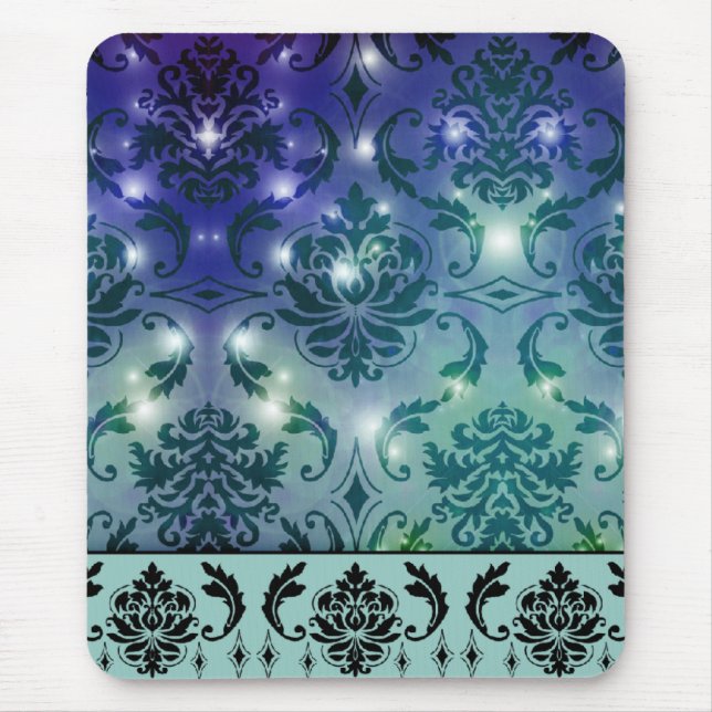 Diamond Damask, FAIRY LIGHTS in Blue and Teal Mouse Pad (Front)